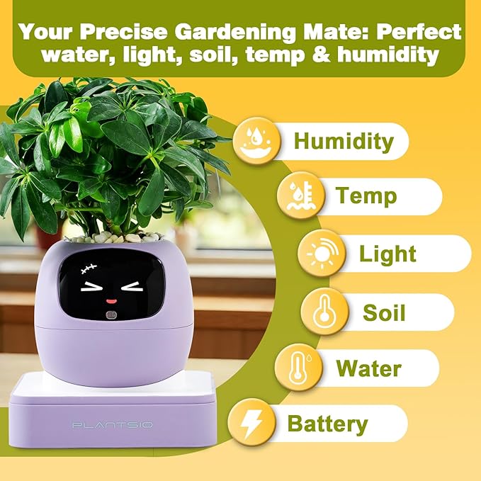 Smart Plant Pot with Visual Display – Soil Moisture, Water Level, Light & Battery Monitor, 80ml Self-Watering Reservoir, Supports 50+ Plants, Pomodoro Timer, Clock & Calendar (Purple) - Image 5