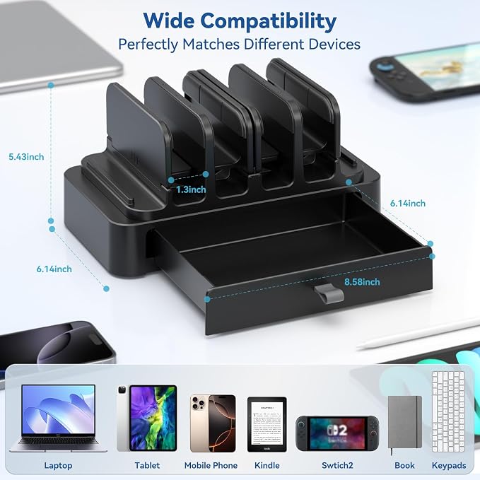 KDD Vertical Laptop Stand with Drawer - 7-in-1 Space-Saving Laptop Holder with Gravity Locking Fits MacBook, Dell, HP, Chromebook, Surface Pro, Tablet, Cell Phone, Switch, Keyboard Desktop Organizer - Image 5