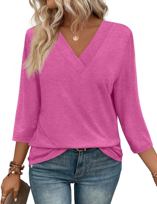 WIHOLL Womens Tops 3/4 Length Sleeve V Neck Casual Tunic Tops Basic Shirts Loose Fit Blouse by WIHOLL