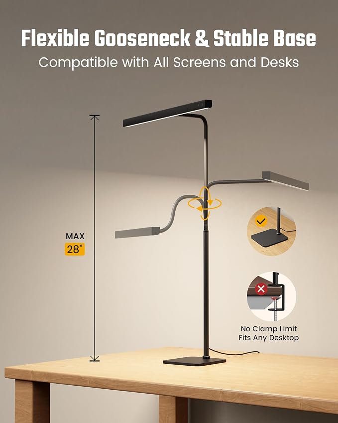 SUPERDANNY LED Desk Lamp for Home Office, Eye-Caring Desk Light with Base, 12W Touch Control 3 Colors Dimmable Brightness, Gooseneck Architect Lamp for Computer Monitor Reading Workbench, Black - Image 6