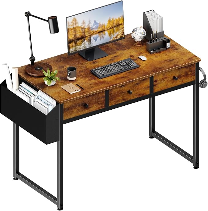 Lufeiya 40 Inch Desk with Drawers for Bedroom - 39 Inch Home Office Desks with 3 Fabric Storage Drawer and Pocket, Study Writing Table Rustic Computer Desk, Vintage Brown by LUFEIYA