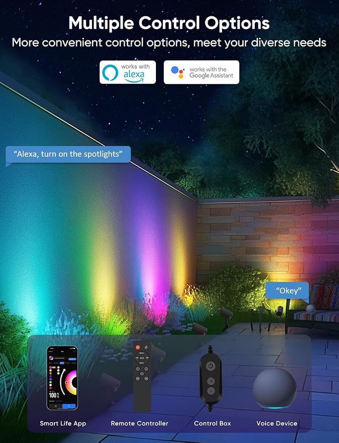 APPECK Smart Landscape Lighting Kit 12W, 2 Pack Outdoor Spot Lights RGBCW | Color Changing Landscape Lights, White Adjustable, for Garden Pathway Yard, Daily Holiday Decor, App/Remote/Voice Control - Image 5