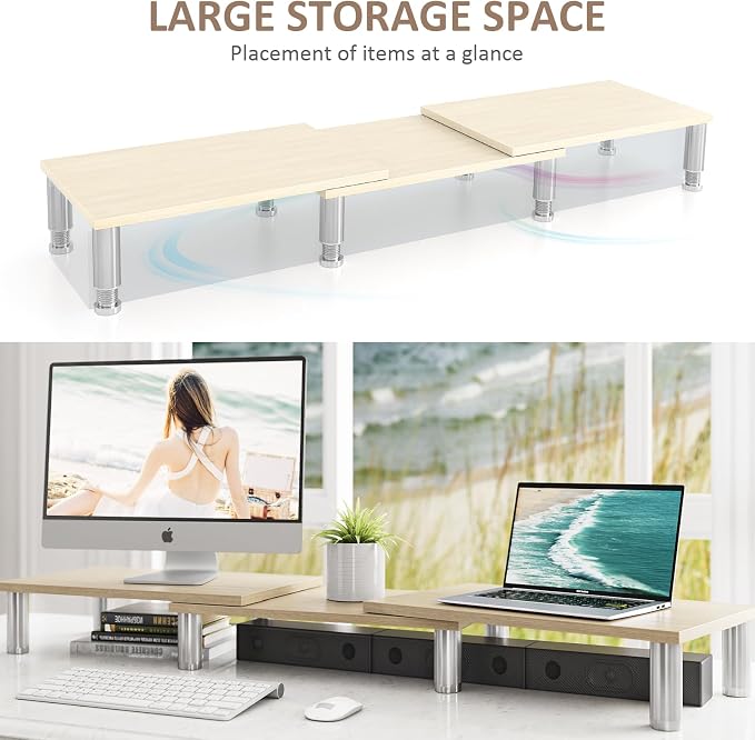 AX Waber Dual Monitor Riser - Adjustable Length & Angle, Wooden Stand for 2 Monitors with Storage - Image 3