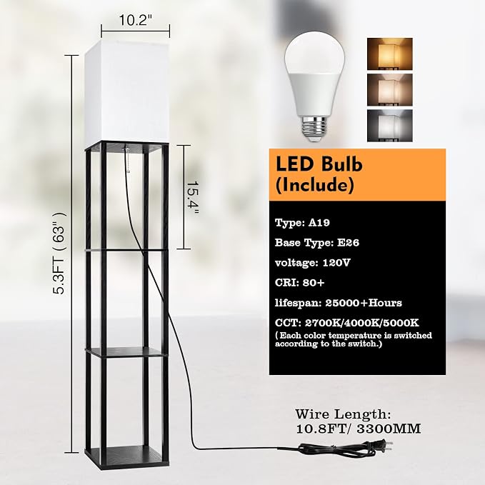 RUNTOP Floor Lamp with Shelves, Shelf Lamp with 3 Color Temperature LED Bulb,Floor-Lamp for Living Room, Modern Tall Standing Display Shelf Floor Lamps for Bedroom, Office (Black) - Image 4