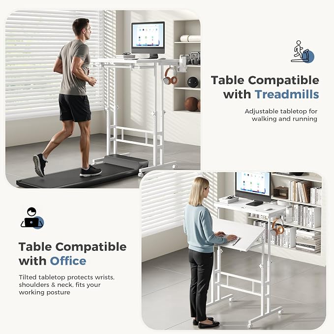 DUMOS Rolling Standing Desk, Sit Stand Desk, Computer Cart | Manual Height Adjustable, Split Top Mobile, Laptop Workstation, Portable Home Office, Walking Pad Study Surface, White - Image 5
