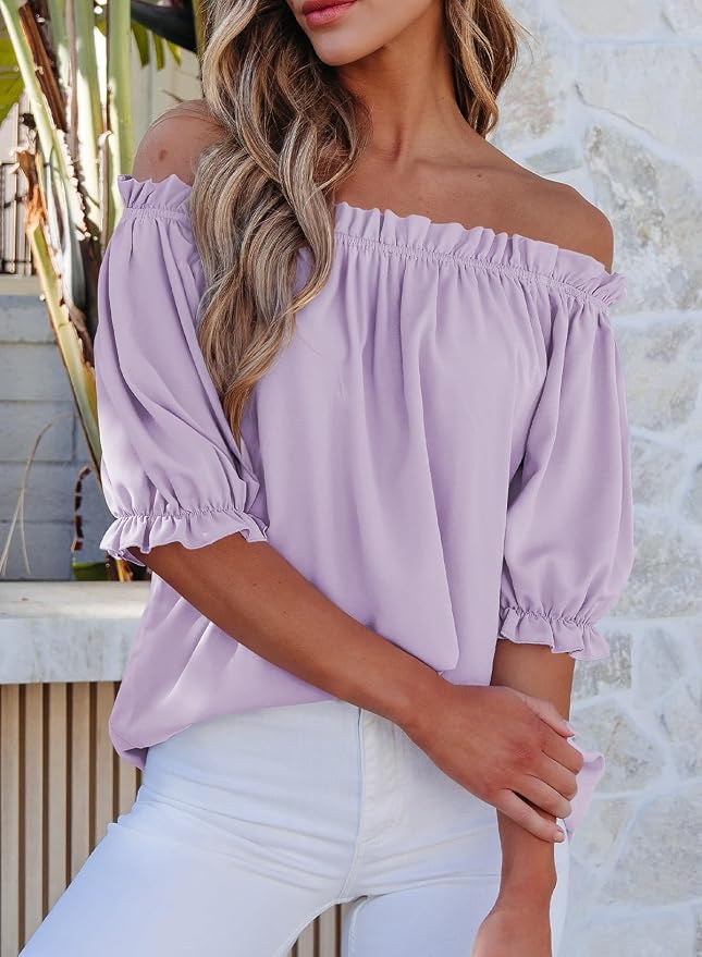 EVALESS Womens Tops Off The Shoulder Blouses for Women Dressy Casual Cute Puff Sleeve T Shirts Fashion 2026 - Image 3