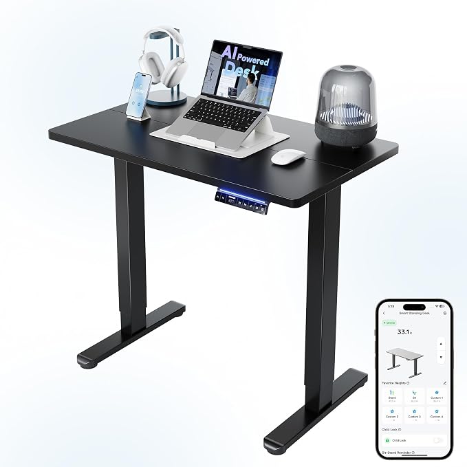 HUANUO 32" AI Smart Standing Desk with App-Synced Sedentary Reminders, Electric Height Adjustable Desk with Body-Data Ergonomic Presets, Voice Control Alexa/Google/Siri, 3 Memory Settings Table, Black by HUANUO