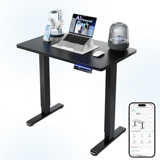 HUANUO 32" AI Smart Standing Desk with App-Synced Sedentary Reminders, Electric Height Adjustable Desk with Body-Data Ergonomic Presets, Voice Control Alexa/Google/Siri, 3 Memory Settings Table, Black by HUANUO