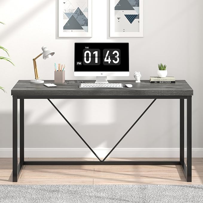 EXCEFUR Modern Home Office Desk, Wood and Metal Computer Desk, Industrial Writing Study Gaming Table for Living Room Bedroom, Rustic Grey, 53 inch - Image 7