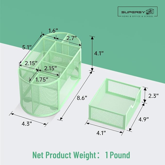 Mesh Desk Organizer with Drawer, 9-Compartment Pen Holder for Desk, Green | Pull-Out Drawer Stores Pens, Pencils, Clips, Notes, and Small Office or School Supplies in One Compact Desk Caddy - Image 3