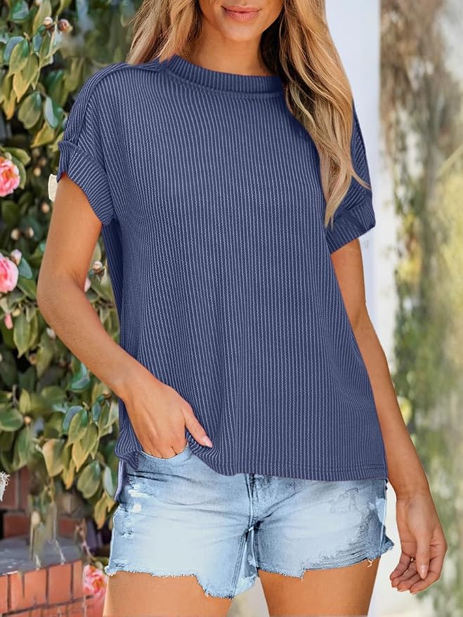 ANRABESS Womens Short Sleeve Crewneck Shirts Ribbed Knit High Low Hem T Shirt 2026 Summer Spring Casual Tops Trendy Clothes - Image 2