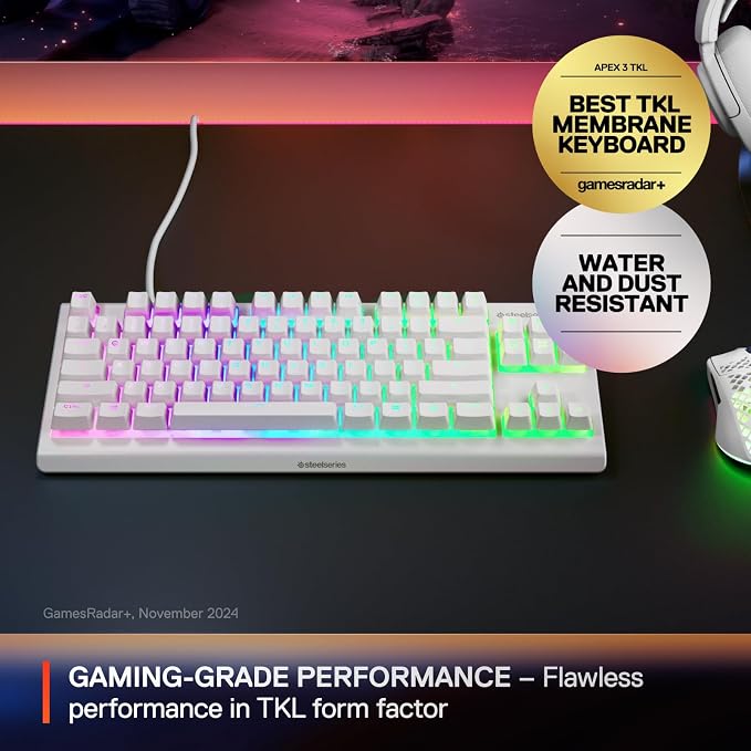 SteelSeries Apex 3 TKL White RGB Gaming Keyboard — Tenkeyless Compact Form Factor — 8-Zone RGB Illumination — Water and Dust Resistant — Whisper-Quiet Gaming Switch - Image 2