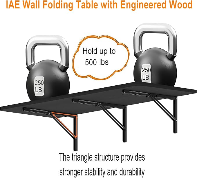 IAE 60x22in Floating Fold Desk,Wall-Mounted Folding Computer Table,Black | Study Table with Shelf Brackets,Foldable Down Shelf with Engineered Wood,Fold Computer Desk for Small Apartment,Holds 515 lb - Image 4