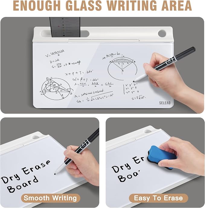 SELEAD Desktop Glass Whiteboard with Storage, Small Dry Erase White Board Computer Pad Keyboard Stand for Home, School, Office Desk Accessories - White - Image 3