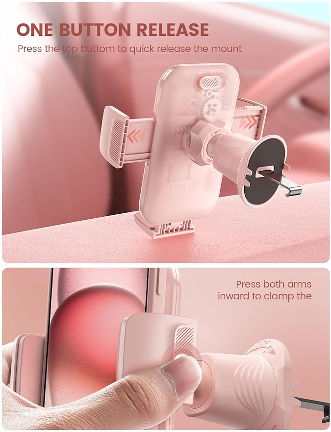 Lamicall 2026 Wider Clamp & Metal Hook Car Phone Holder Vent [Thick Cases Friendly] Phone Holders for Your Car Mount Automobile Hands Free Cradle Air Vent for iPhone 17 16 15 14 13 Pro Max Pink - Image 4