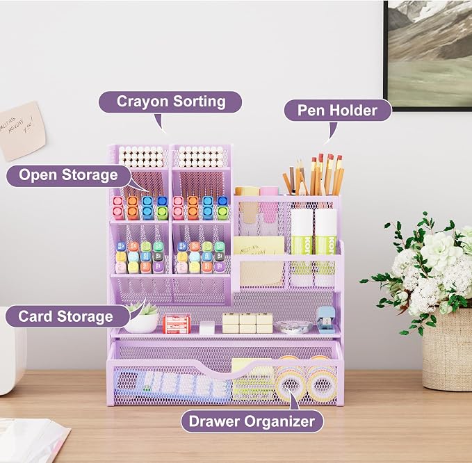 Marbrasse Mesh Pen Holder for Desk, Multi-Functional Pencil Organizer with Drawer, Desk Organizers and Accessories for Office Art Supplies (Purple) - Image 2