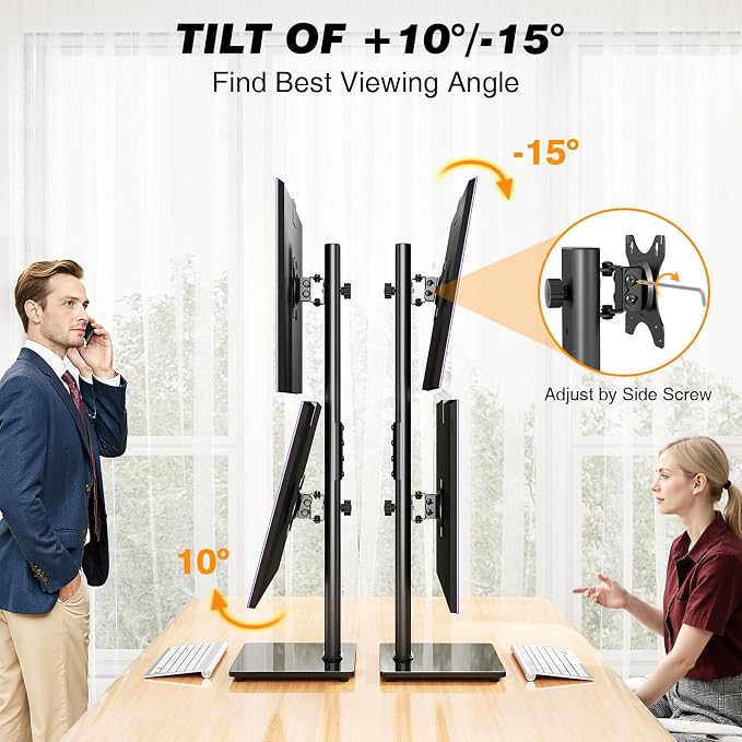 Dual Monitor Stand VESA Mount for 13-38 Inch Screens up to 44lbs | Free-Standing Monitor Riser with Swivel, Tilt, Rotation & Height Adjustable, Compatible with VESA 75x75-100x100mm - Image 4