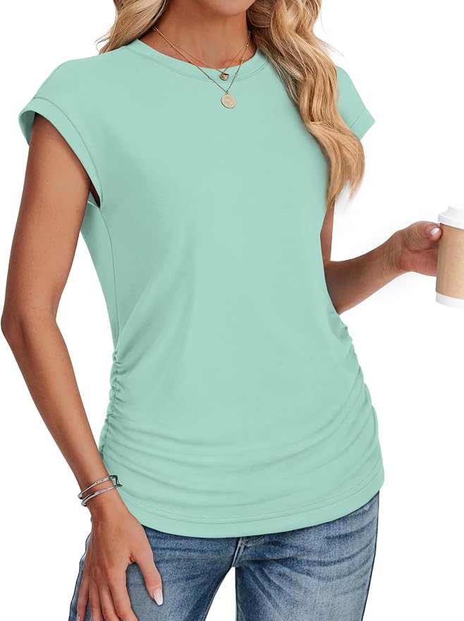 Sampeel Womens Summer Tops Trendy 2026 Ruched Cap Short Sleeve Tshirts Shirts Crew Neck T Shirts Fashion - Image 3