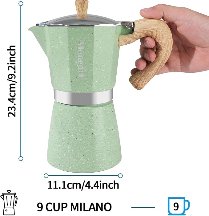 Mongdio Stovetop Espresso Maker Moka Pot, Cuban Coffee Maker Stove top coffee maker Moka Italian Espresso Greca Coffee Maker Brewer Percolator, 9 Espresso Cups, 15 oz - Green - Image 5