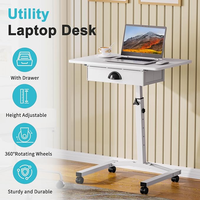 Rolling Adjustable Height Computer Desk With Drawers, Small Mobile Laptop Desk Cart On Wheels For Small Spaces Home Office, Portable Sitting Laptop Table For Bed Couch Load Up To 60LBS, Sturdy, White - Image 4
