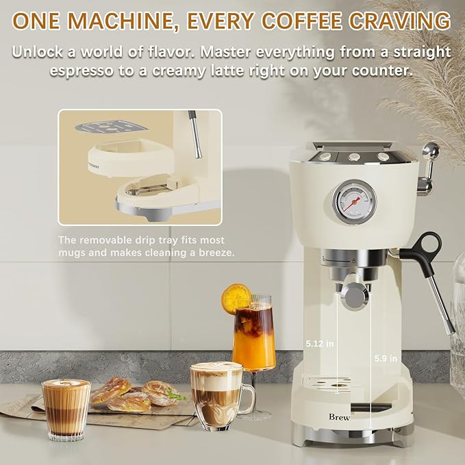 Espresso Machine 20 Bar, Latte and Cappuccino Machine with Steam Milk Frother, Fast Heating, Professional Espresso Maker for Home, 42oz Removable Water Tank, Cream - Image 7