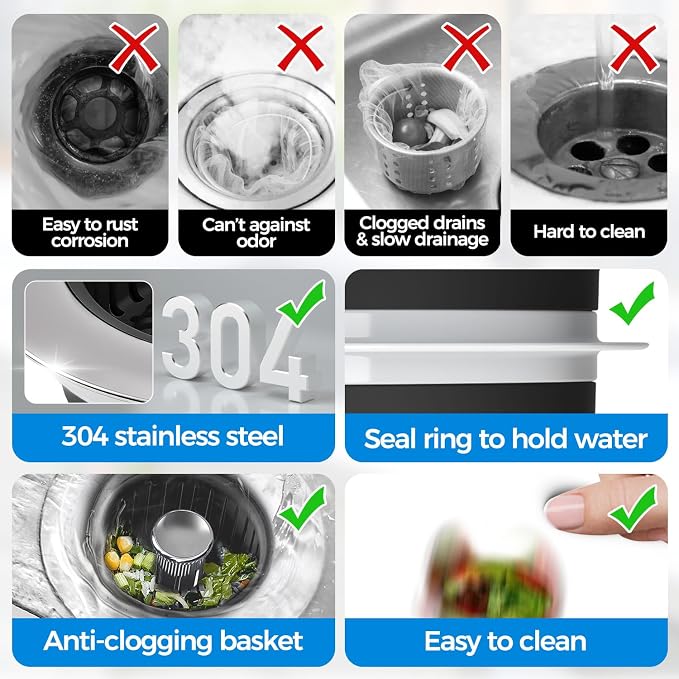 3 in 1 Kitchen Sink Drain Strainer Stopper Removable Basket Pop-Up | Kitchen Sink Accessories 3 Pack Black Stainless - Food Catcher, Odor-Blocking Seal, Fits 3.5" Drain, Easy Clean - Image 6