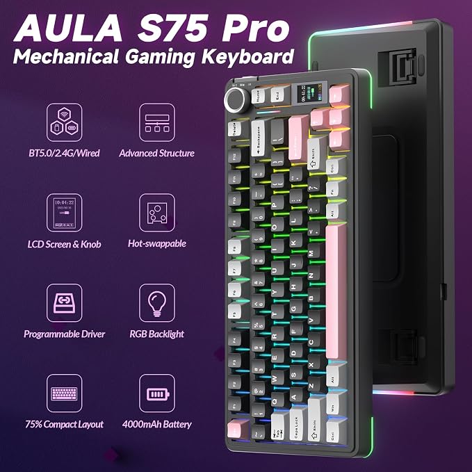 AULA S75 PRO Wireless Mechanical Keyboard with Screen&Knob, 75% Hot Swappable Gaming Keyboard with Pre-lubed Switches, RGB Backlit, PBT Keycaps Creamy Sounding Pc Gaming Keyboards - Image 2