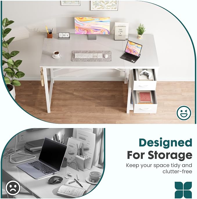 Sweetcrispy 40-Inch Computer Desk with Drawers, Office Desk, White | Small Desk for Bedroom Home Office with Side Hook, Modern Simple desk with storage for Writing - Image 5