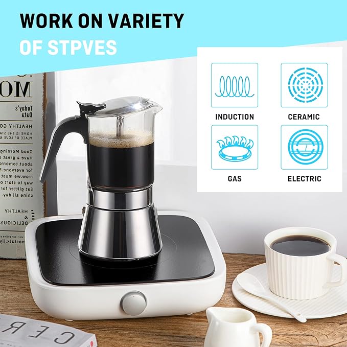SIXAQUAE Moka Induction Stovetop Espresso Maker,Crystal Glass-top & Stainless Steel Espresso Moka Pot,Classic Italian coffee maker,240ml(6cup) - Image 2