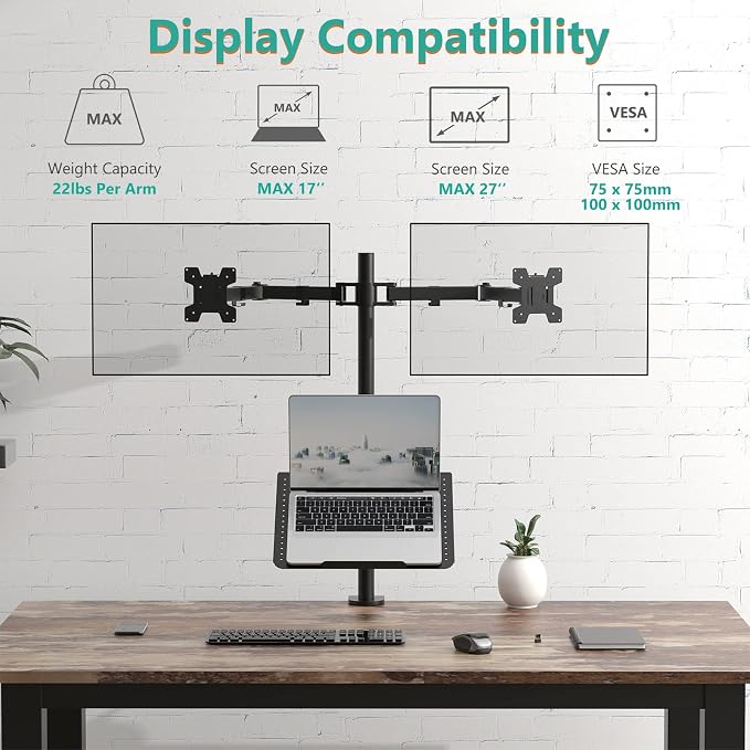 WALI Triple Arm Laptop and Dual Monitor Desk Mount for 17" Notebook and Up to 27" Screens, Extra Tall Adjustable Monitor Stand with Laptop Tray, VESA 75x75 100x100, Black (M002XLLP) - Image 3