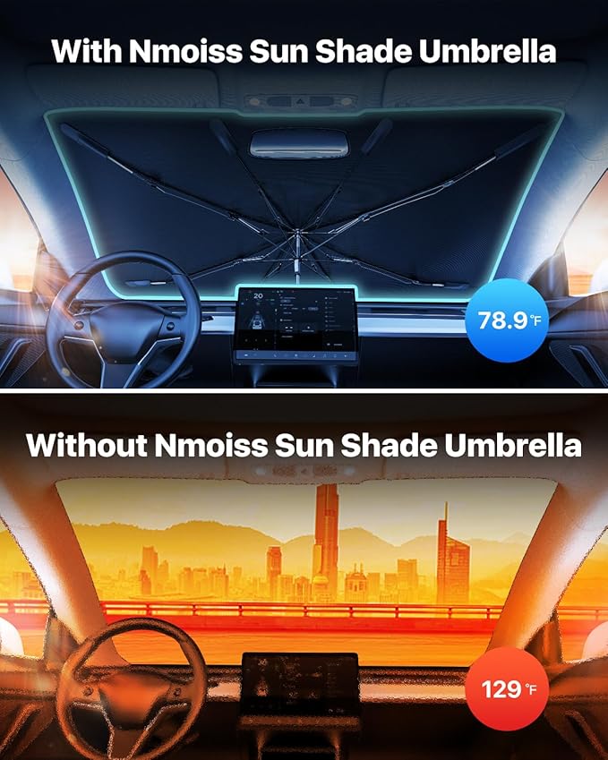 [Upgraded] Nmoiss Windshield Sun Shade Umbrella - [Vinyl Coating Heat Shield] Protect Car from Sun Rays & Heat Damage Keep Cool and Protect Interior, Spring Structure Edge Medium 56" L x 31" W - Image 2