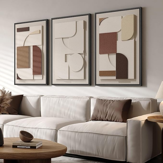 Large Framed 3D Textured Neutral Abstract Wall Art for Living Room, 3 Piece Modern Paintings Artwork for Walls, Minimalist Geometric Pictures for Hallway Office Dining Bedroom Wall Decor 24x36 In - Image 4