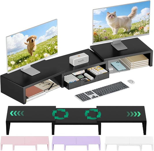 OPNICE Dual Computer Monitor Stand Riser, Desk Organizer with Drawer, Office Desk Accessories & Workspace Organizers for Home Office Supplies, Black by OPNICE