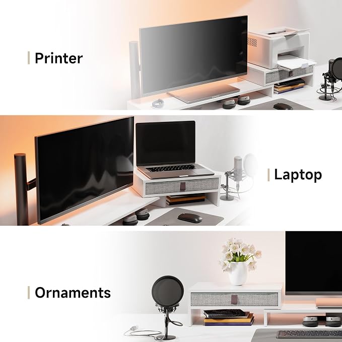 Fenge Computer Monitor Riser Stand with Drawer for 2 or 3 Monitors ,Adjustable Length and Angle Desktop Laptop Stand,Office Organizer,Printer,White - Image 8