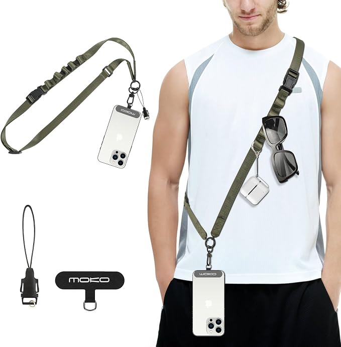 MoKo Universal Phone Lanyard, Nylon Adjustable Cell Phone Crossbody Strap Detachable Women & Men Cellphone Lanyards Around the Neck with Patches for iPhone, Most Smartphone, Army Green by MoKo