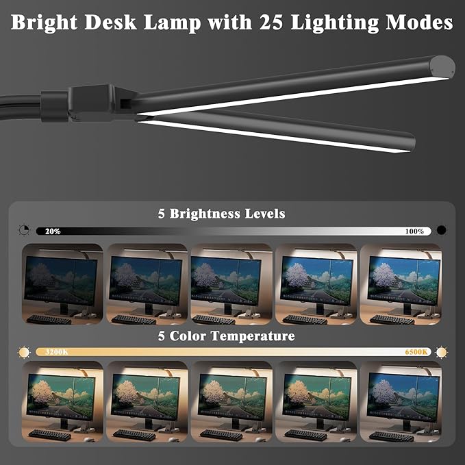 GAEFURY LED Desk Lamp for Home Office, 24W Bright Desk Lamp with Phone Holder Base - 25 Lighting Modes Eye-Caring Desk Light Adjustable Gooseneck Lamp for Workbench Drafting Reading Study - Image 2