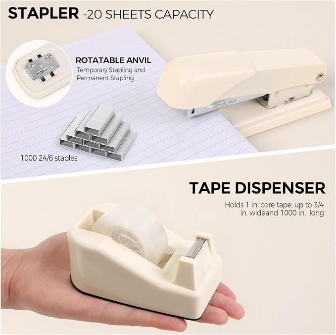 SKYDUE Desk Organizer Set with 360° Rotating Pen Holder | Includes Stapler, Scissors, Tape Dispenser, Clips, Pins & Accessories, For Home Office, School, Teacher - Image 8