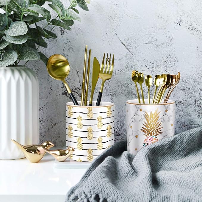 Cute Pineapple Pencil Holder for Desk, Large Capacity Colored Pen Cup Holder, Pretty Office Desk Accessories for Girls Women, Ceramic Workspace Organizers, Makeup Brush Holder for Home, Yellow - Image 3