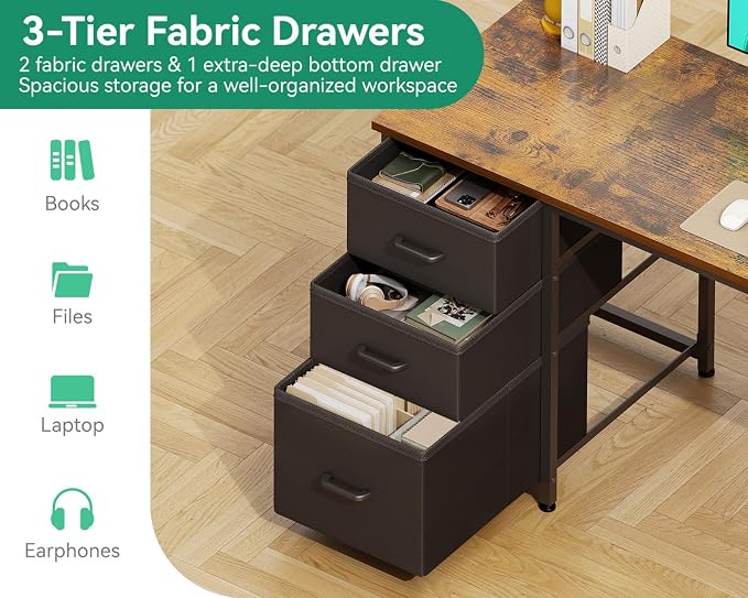 AODK 51 Inch Computer Desk with Drawers & USB Power Outlets | Reversible Home Office Desk with Storage Shelves, Work from Home, Modern Work/Writing/Study Table for Bedroom, Vintage - Image 4