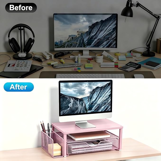 Spacrea Desk Organizer and Accessories, Computer Monitor Stand Riser with Drawer and 1 Open Pen Holder, Printer & Laptop Stand, Office Desk Accessories for Home Office Supplies (Pink) - Image 2