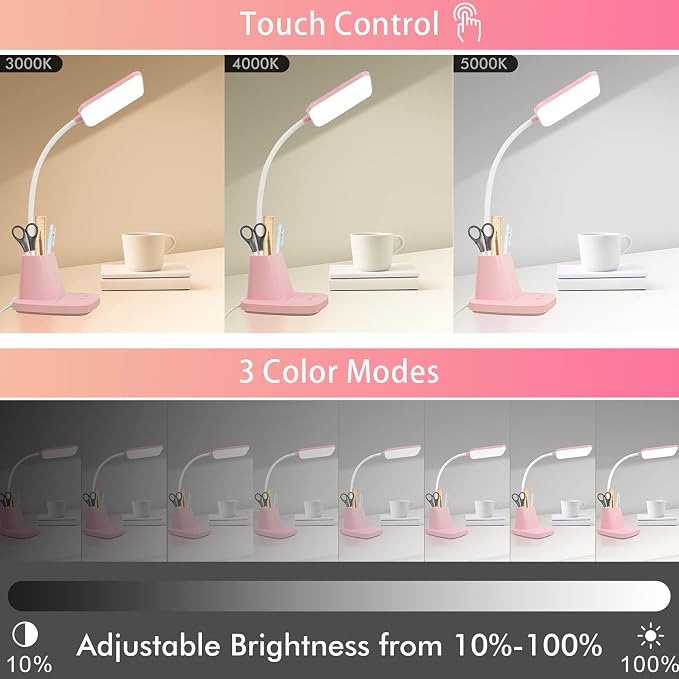 LED Desk Lamp with 10W Wireless Charging & Pen Holder, Pink | CRI 95, 800LM, Stepless Dimming, 3 Modes, 360°Flexible Arm, Touch, Study Table Lamp for Home Office, Dorm Room, with Adapter - Image 4
