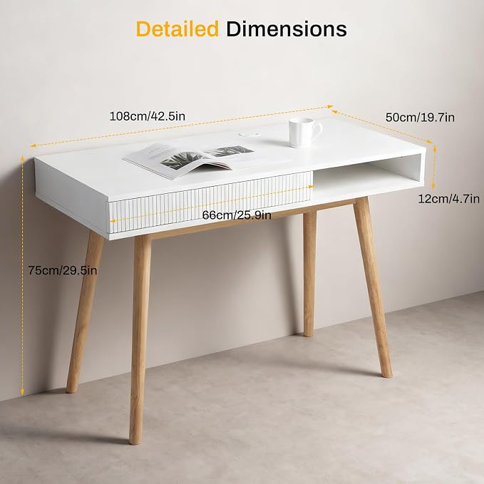 White Writing Desk with Storage, Mid Century Modern Desk for Small Spaces | 42.5-Inch Desktop, Soild Wood Legs, Hidden Drawer & Open Cubby Storage, Built-in Cable Management for a Clean Workspace - Image 3