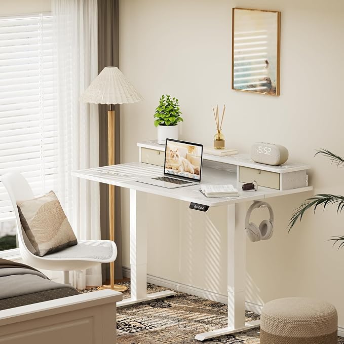 Veken 47x28 in Electric Standing Desk with Drawers, Adjustable Table, White | Stand up Computer Desk for Home Office, Work & Study, with Storage, 3 Memory Presets, Cable Organizer, Hook, and Quiet Lift. - Image 2