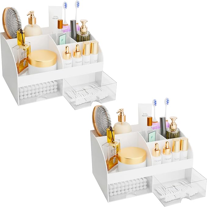 Makeup Organizer with Drawers, Cosmetic Storage for Dresser Vanity and Bathroom Countertop, Beauty Holder for Lipstick Brush, Skincare Organizer for Vanity, Cosmetic Display Case (White-2P) by COMFYROOM