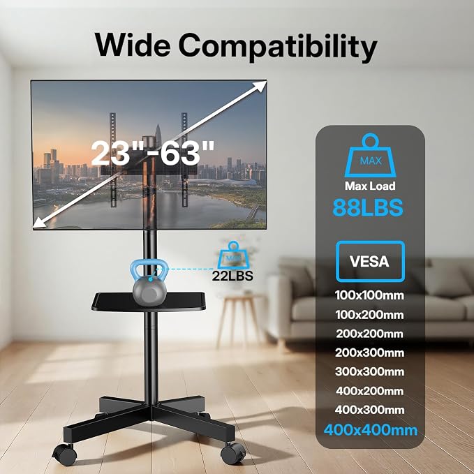PERLESMITH Rolling TV Stand for 23-63 Inch Flat/Curved Screen TVs up to 88 lbs, Mobile TV Stand on Wheels, Portable TV Stand with Tilt & Height Adjustable,Outdoor TV Stand Max VESA 400x400mm - Image 7