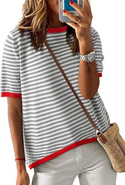 Dokotoo Womens Tops 2026 Casual Summer Crewneck Short Sleeve Striped Color Block Knit High Low Trendy Pullover Sweaters by Dokotoo