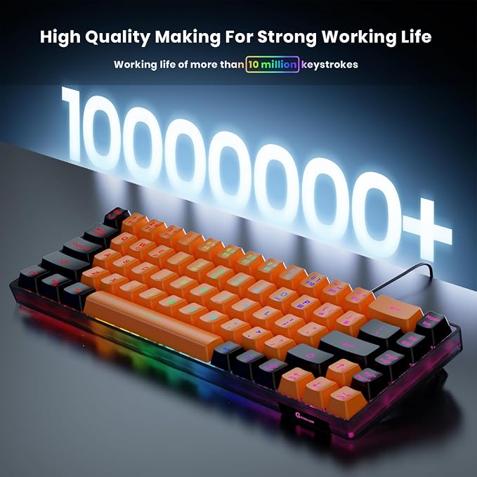 GEODMAER 65% Gaming Keyboard, LED Backlit Mini Wired Keyboard, Ultra-Compact Anti-Ghosting No-Conflict 68 Keys Membrane Gaming Wired Keyboard for PC Laptop Windows Gamer(Orange-Black) - Image 3