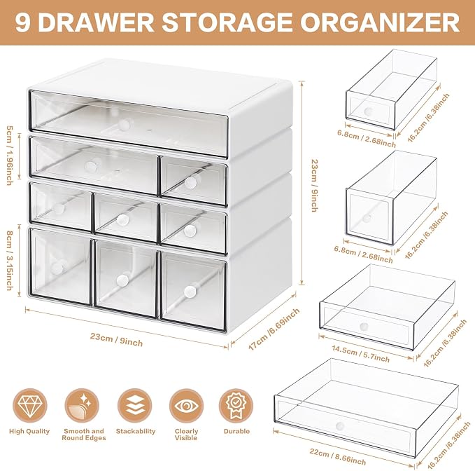Desk Storage Organizer with 9 Drawers, 4 Tiers Stackable Desktop Craft Storage Drawers, Clear Storage Box Caddy for Stationary Makeup Jewelry Office Craft Supplies (White) - Image 3
