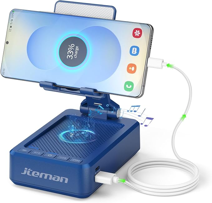 JTEMAN Cell Phone Stand with Bluetooth Speaker and Charging Function, HD Sound Adjustable Phone Holder, Birthday Gifts for Men Women, Cool Tech Kitchen Gadgets for All Phones,Tablet (Blue) by jteman
