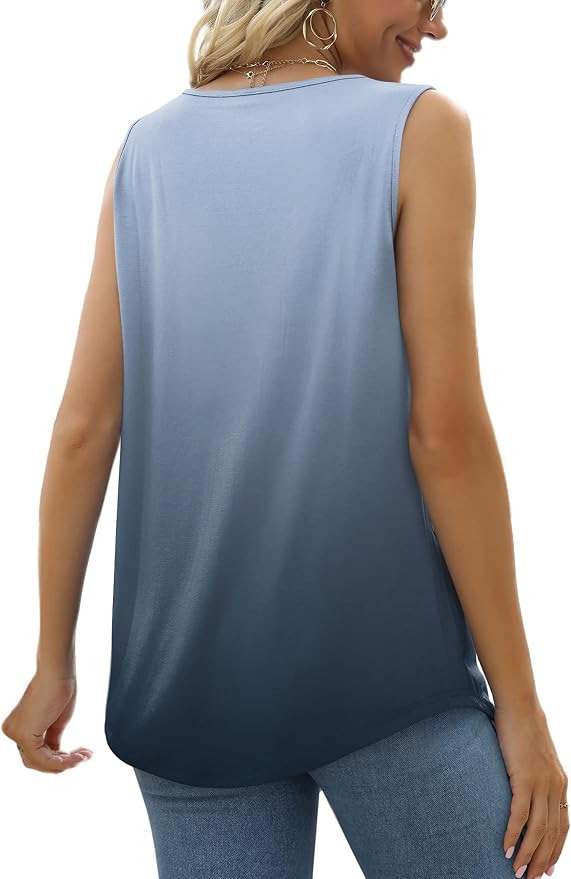 Saloogoe Summer Tank Tops for Women Loose Fit Pleated Square Neck Sleeveless Tops Curved Hem Flowy - Image 5